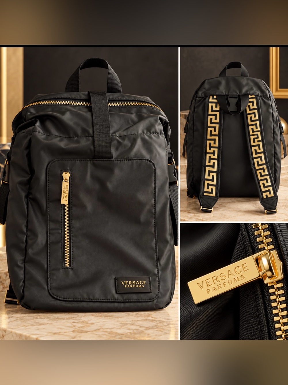 Versace Black Backpack with Gold Hardware